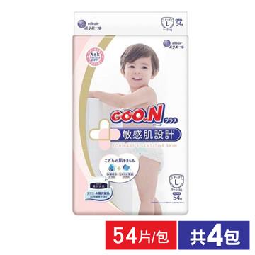 【GOO.N】 日本大王 敏感肌黏貼型紙尿布 L號 9~14kg(54片/包 X4)